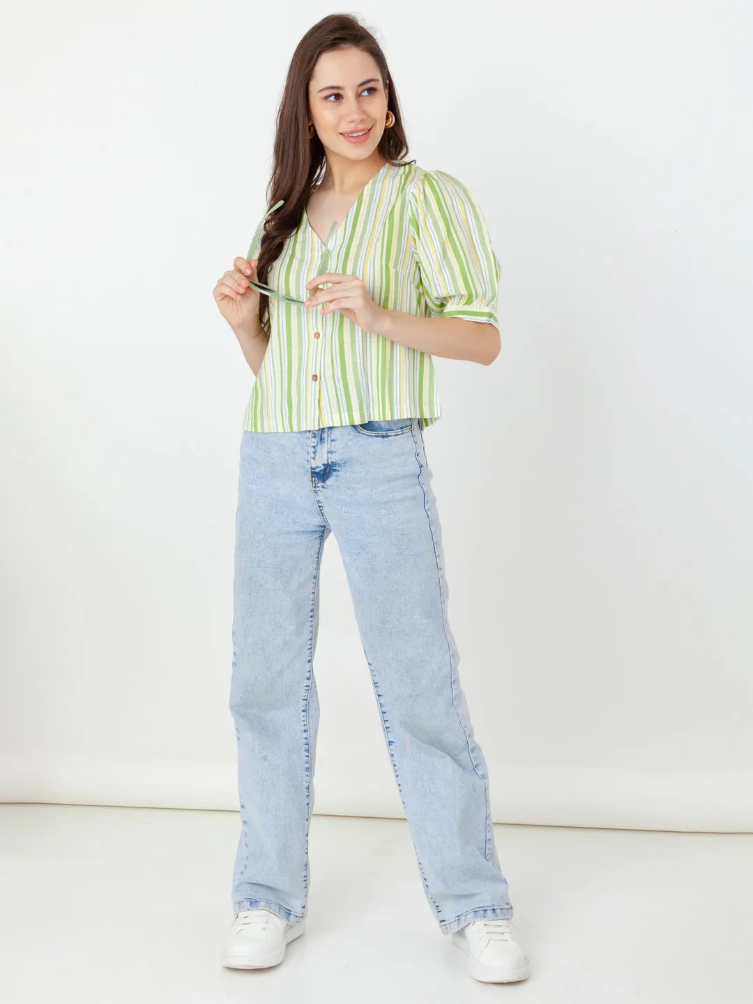 Green Striped Regular Top