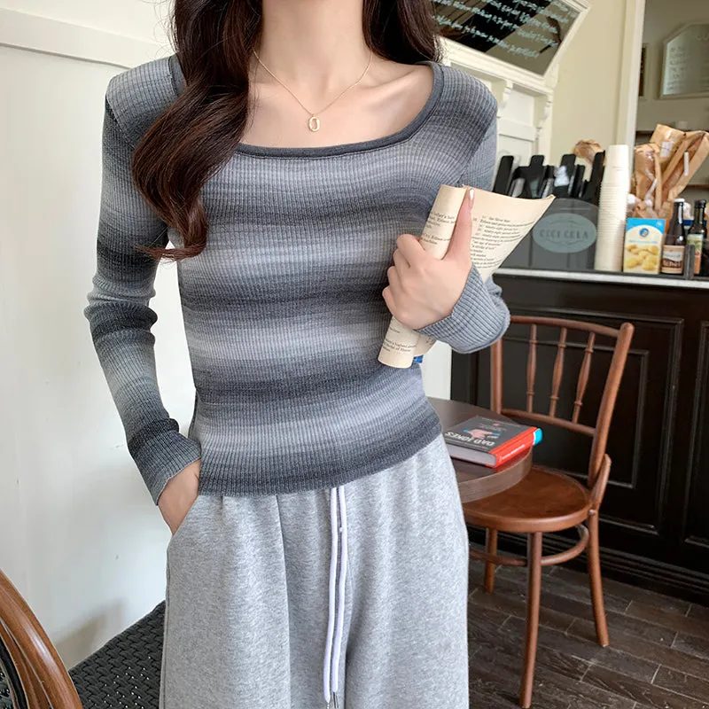 Grey Stripes Flat Knit Top