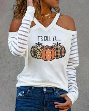 Halloween Pumpkin Letter Print Striped Cold Shoulder Top