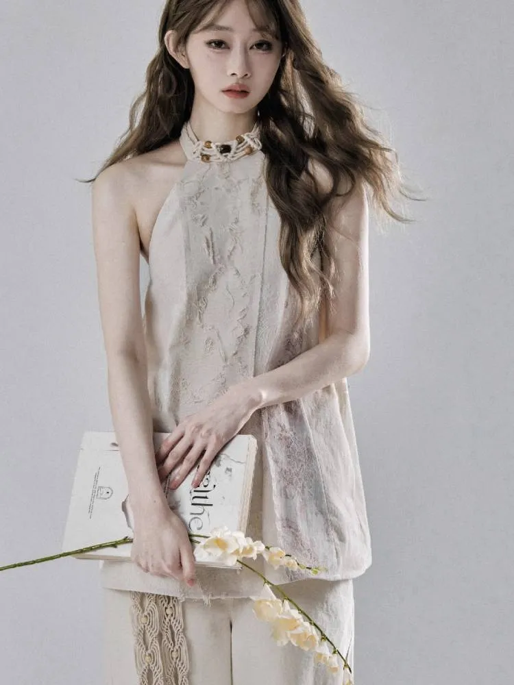 halter neck sleeveless off-shoulder T-shirt
