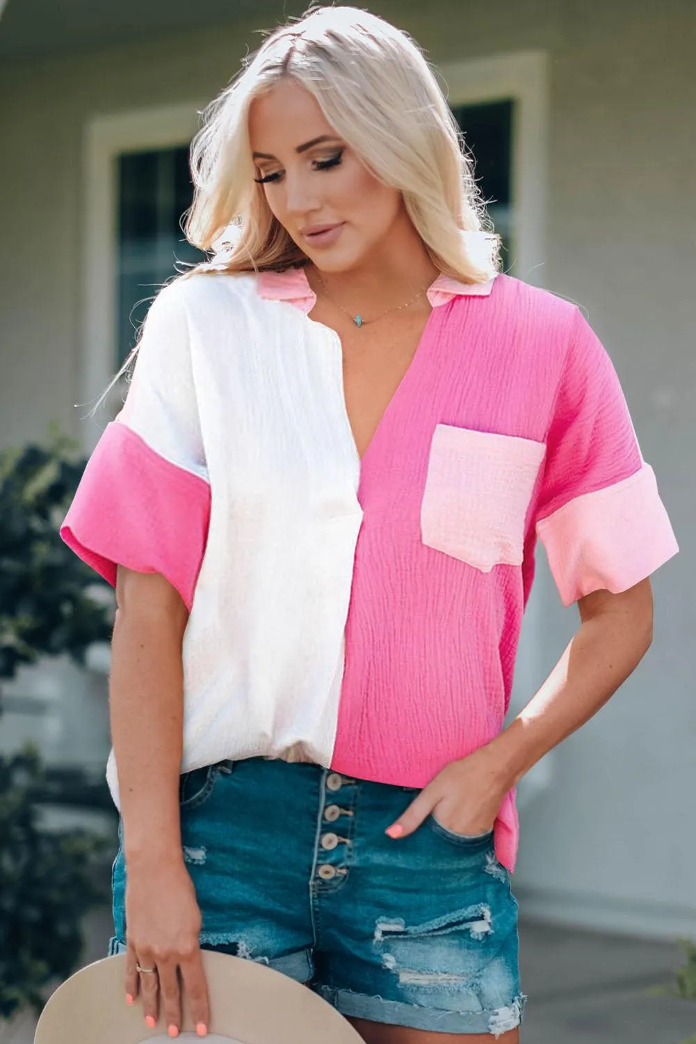 Hazel Blues® |  Color Block Textured Johnny Collar Blouse