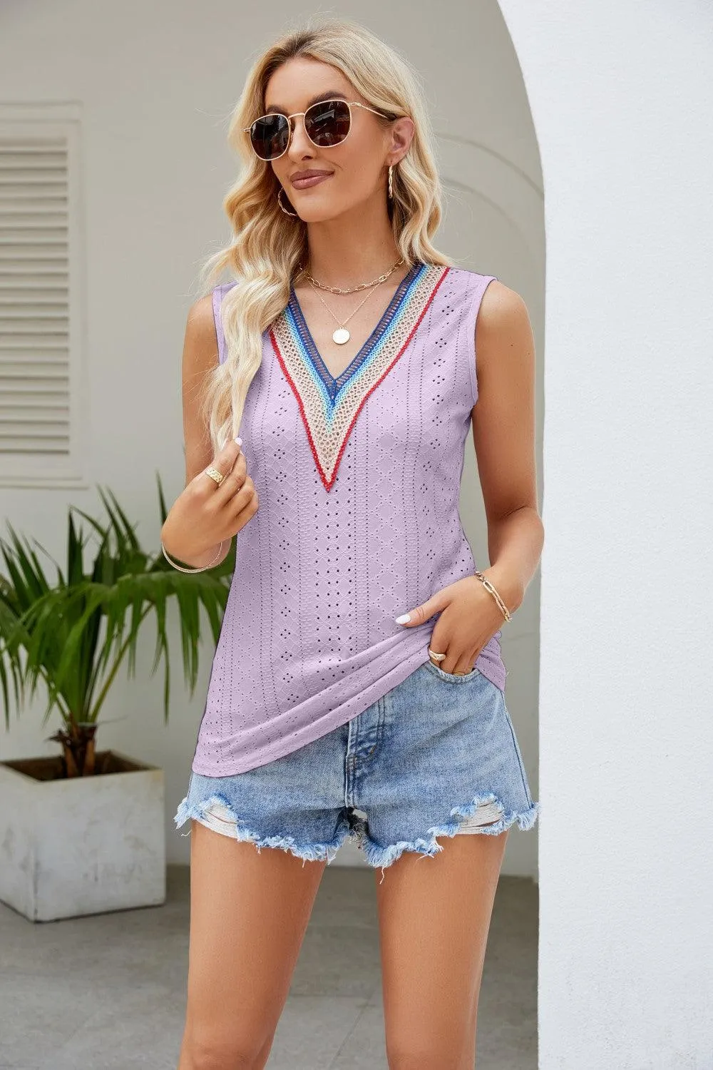 Hazel Blues® |  Contrast V-Neck Eyelet Tank