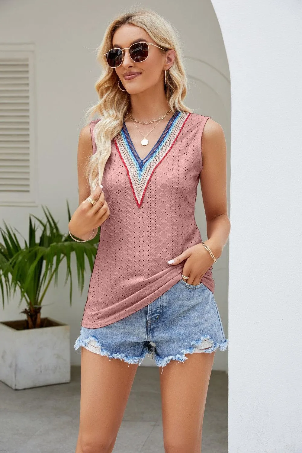 Hazel Blues® |  Contrast V-Neck Eyelet Tank
