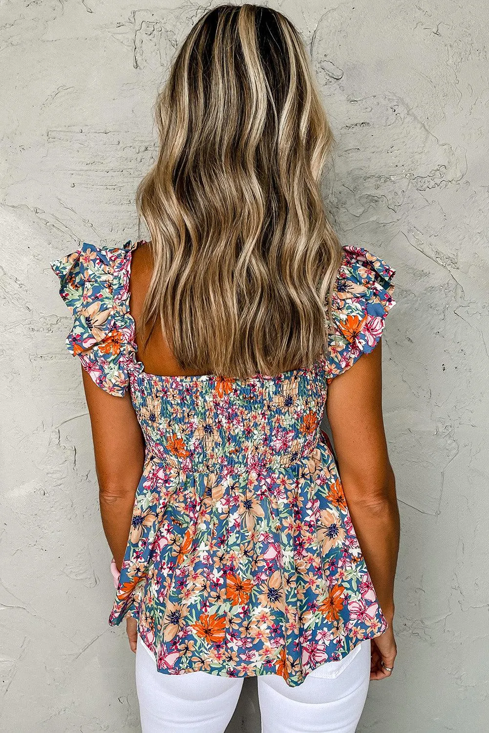 Hazel Blues® |  Floral Smocked Cap Sleeve Top