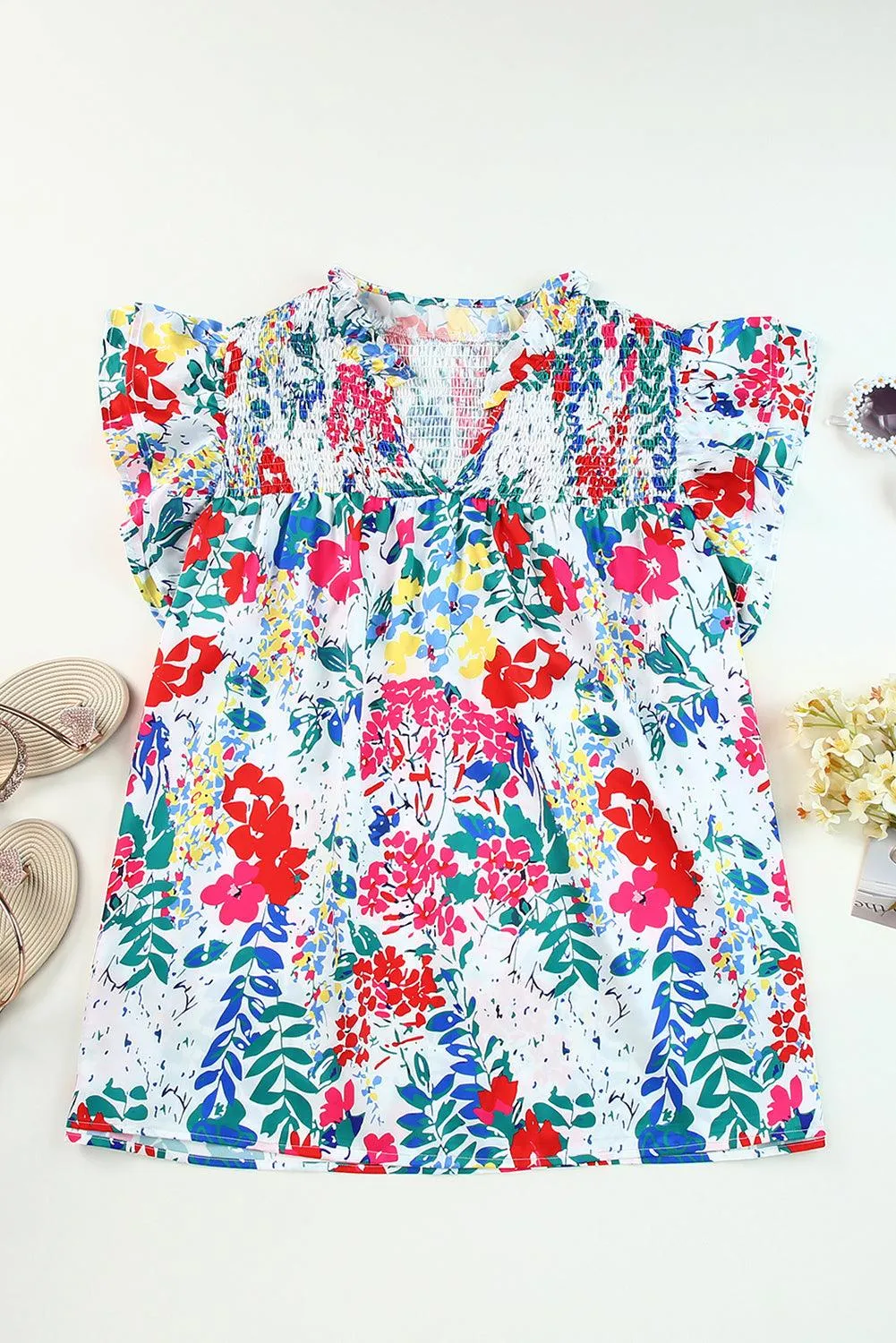 Hazel Blues® | Floral Smocked Flutter Sleeve Blouse