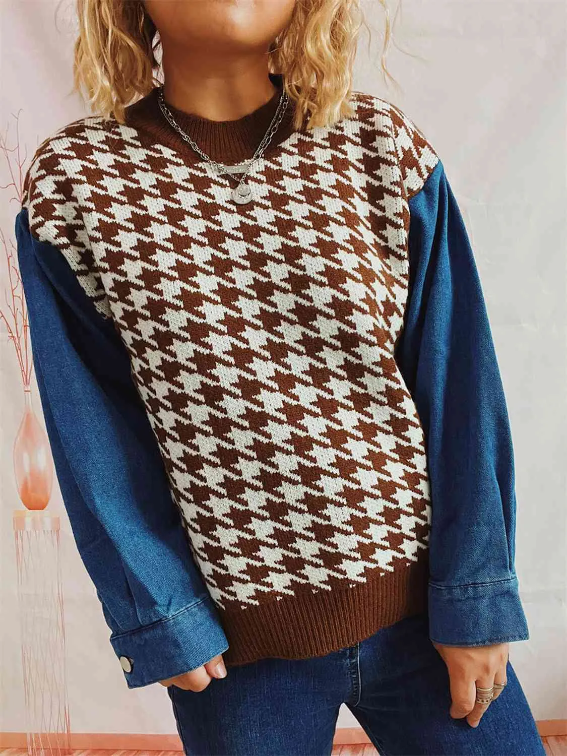 Hazel Blues® |  Houndstooth Denim Sleeve Sweater