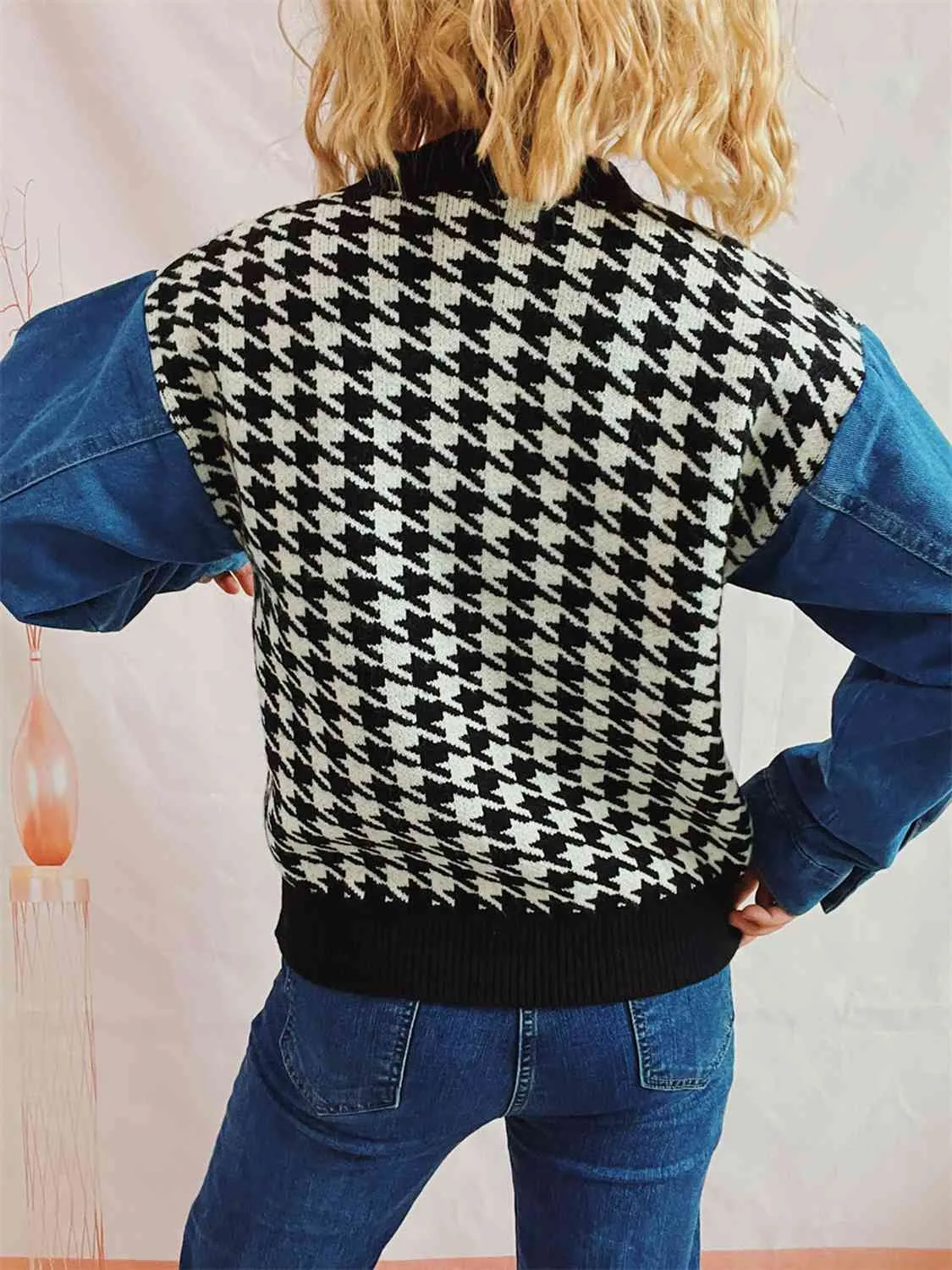 Hazel Blues® |  Houndstooth Denim Sleeve Sweater