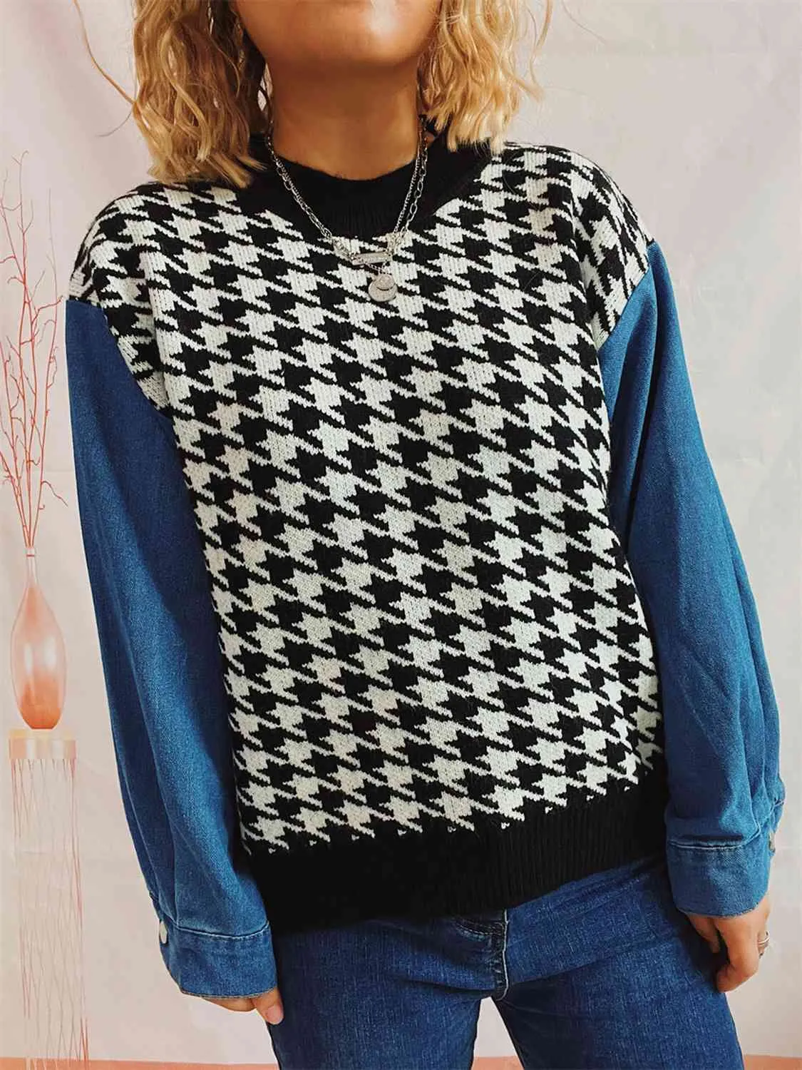 Hazel Blues® |  Houndstooth Denim Sleeve Sweater