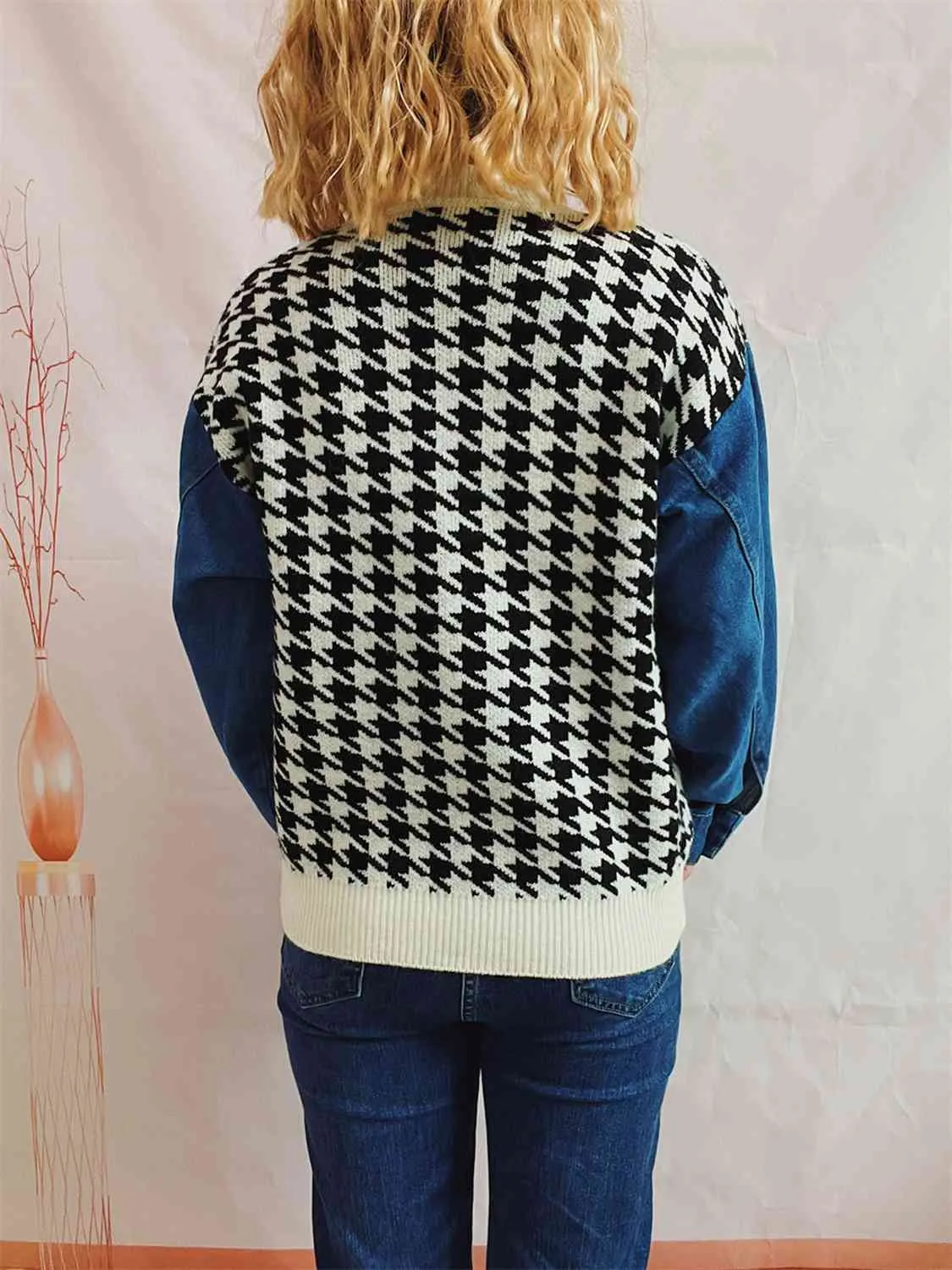 Hazel Blues® |  Houndstooth Denim Sleeve Sweater