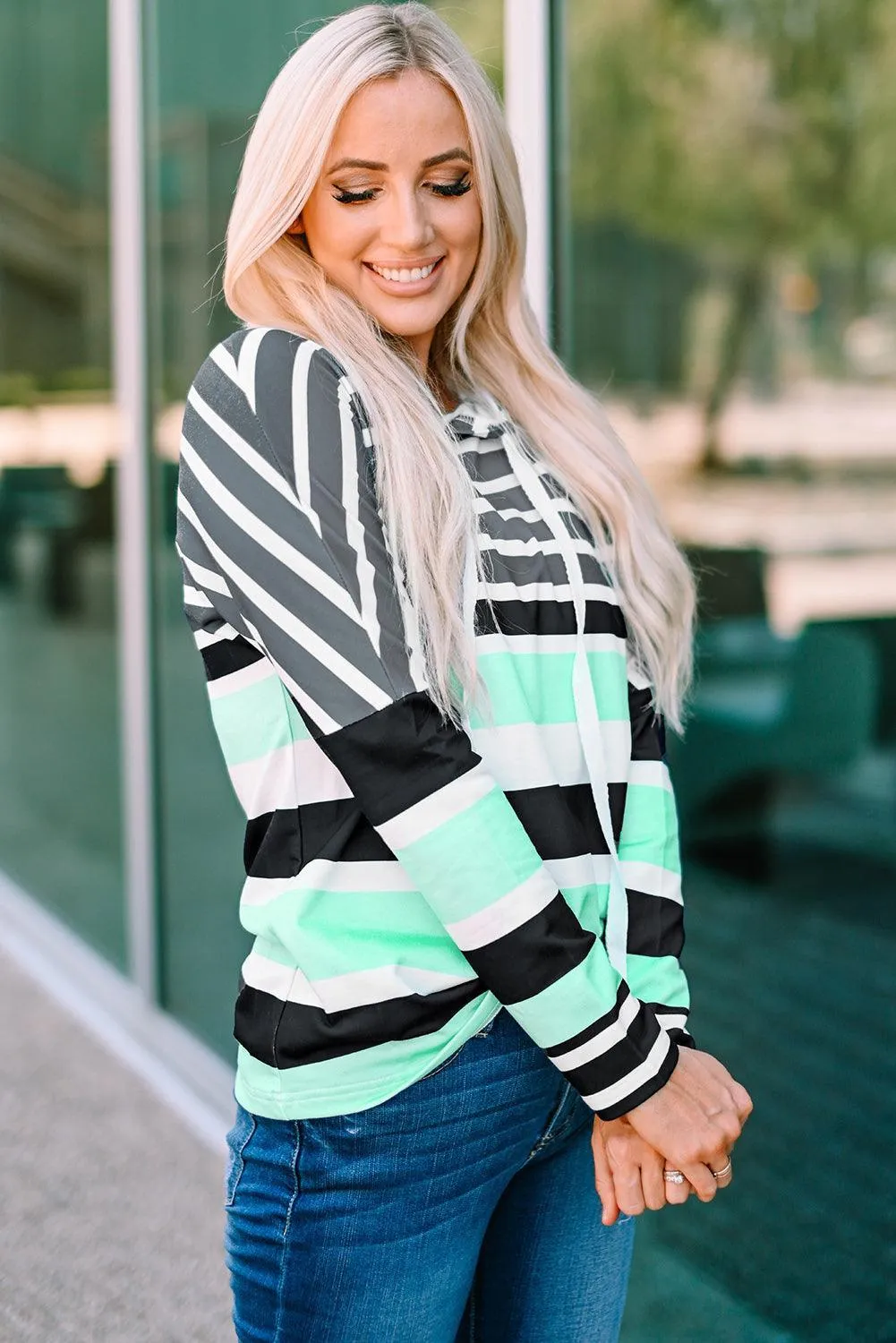 Hazel Blues® | Striped Drawstring Detail Long Sleeve Hoodie