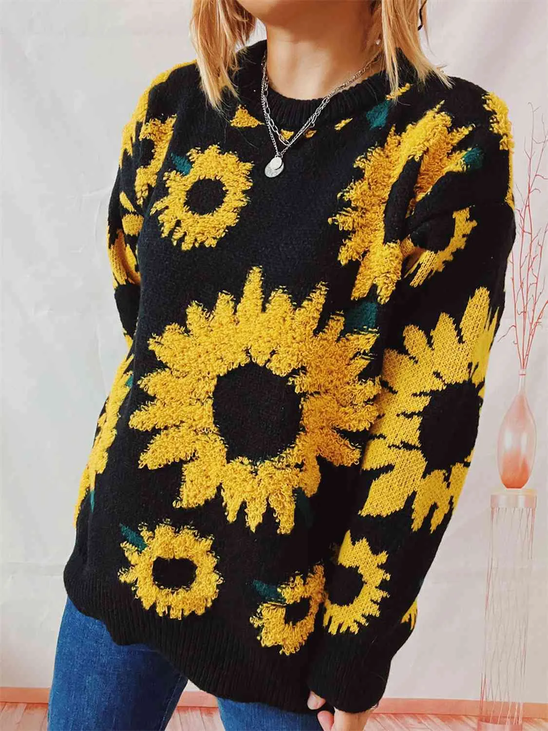 Hazel Blues® |  Sunflower Dropped Shoulder Long Sleeve Sweater