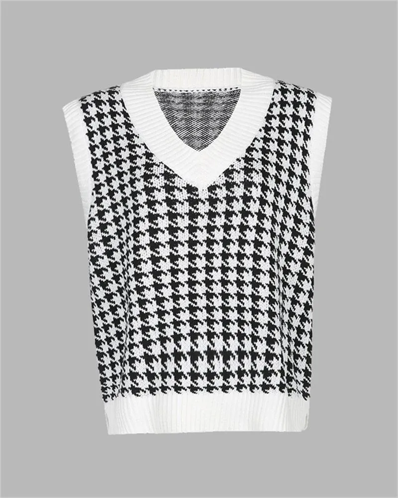 Houndstooth V Neck Sweater Vest