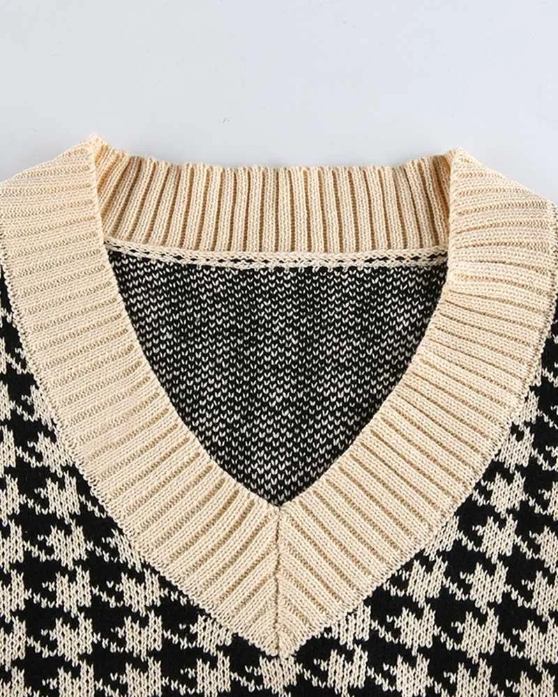 Houndstooth V Neck Sweater Vest