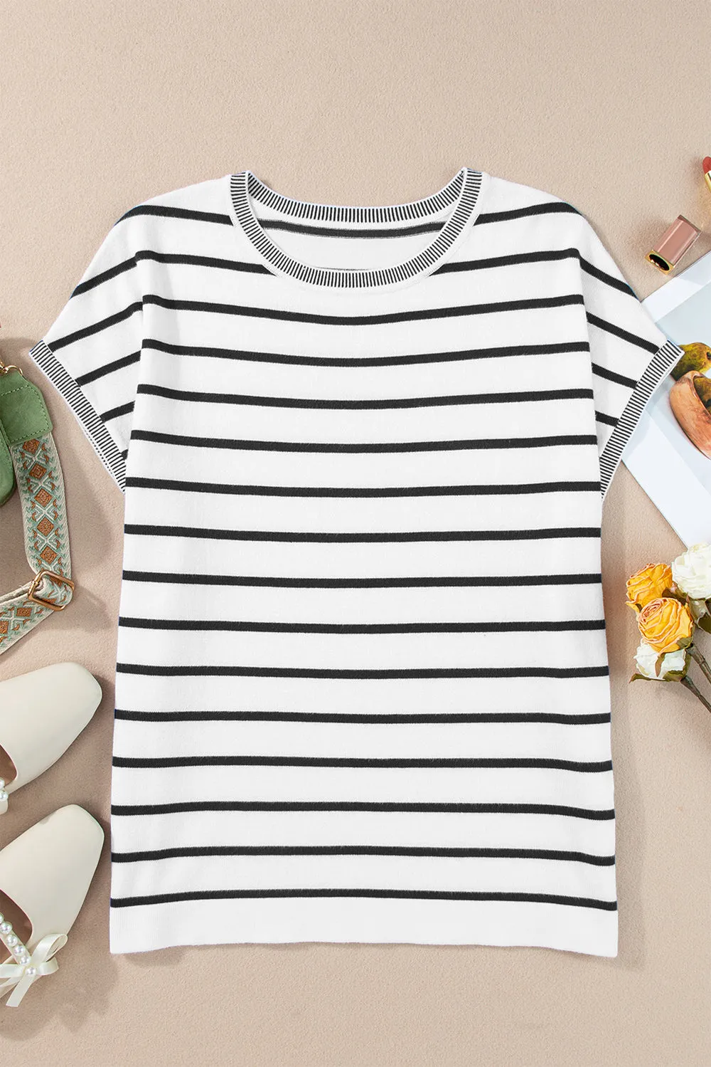 Jaclyn Striped Round Neck Cap Sleeve Knit Top