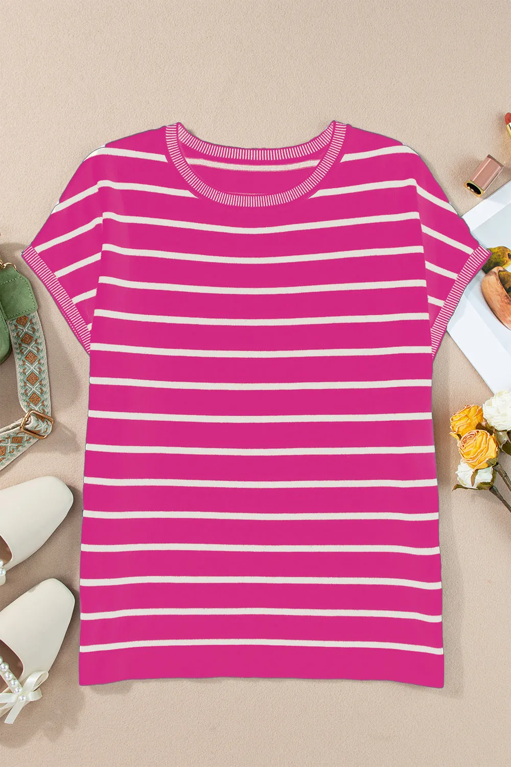 Jaclyn Striped Round Neck Cap Sleeve Knit Top
