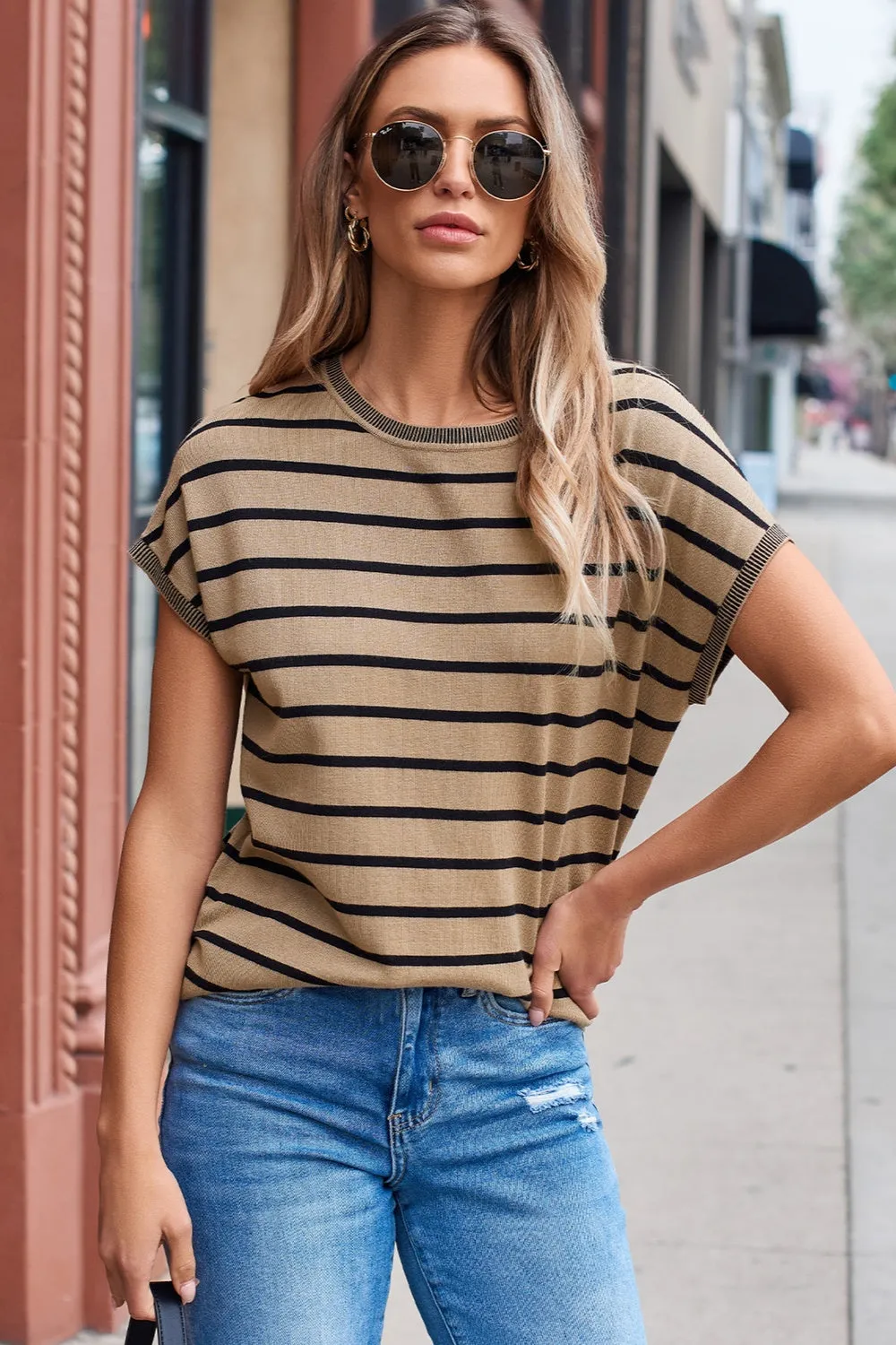 Jaclyn Striped Round Neck Cap Sleeve Knit Top