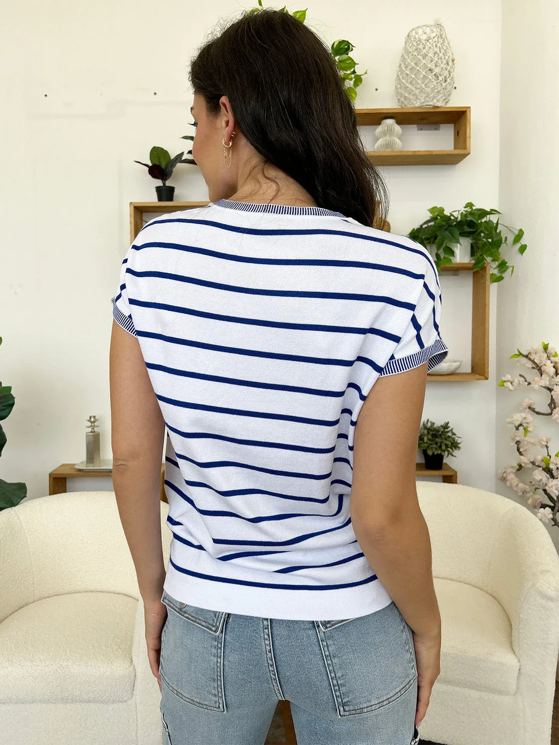 Jaclyn Striped Round Neck Cap Sleeve Knit Top
