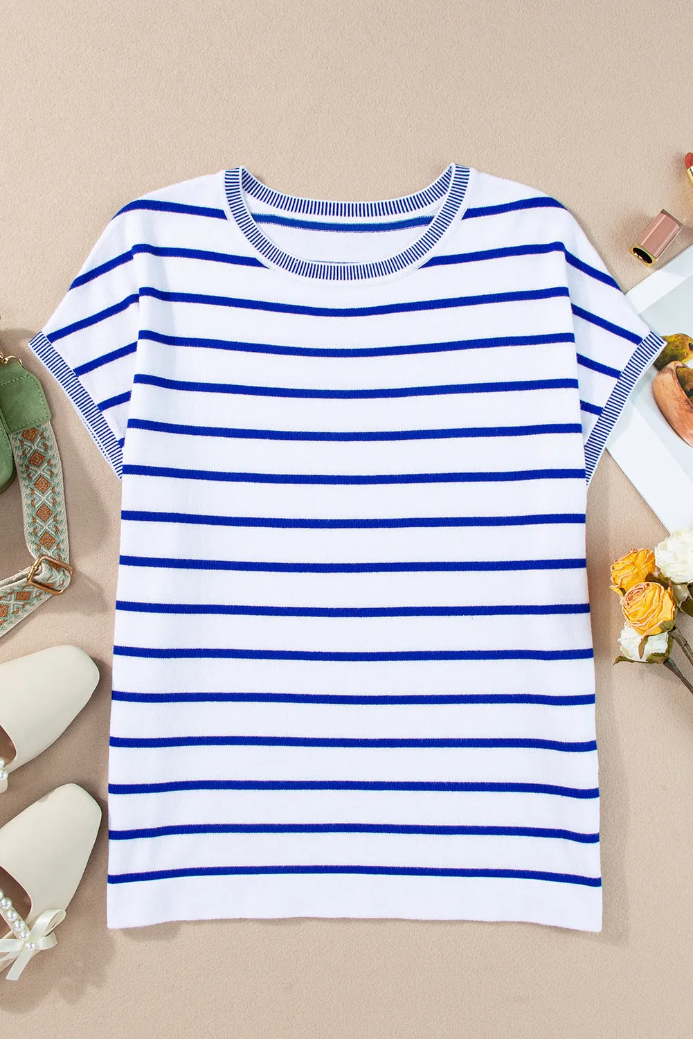 Jaclyn Striped Round Neck Cap Sleeve Knit Top
