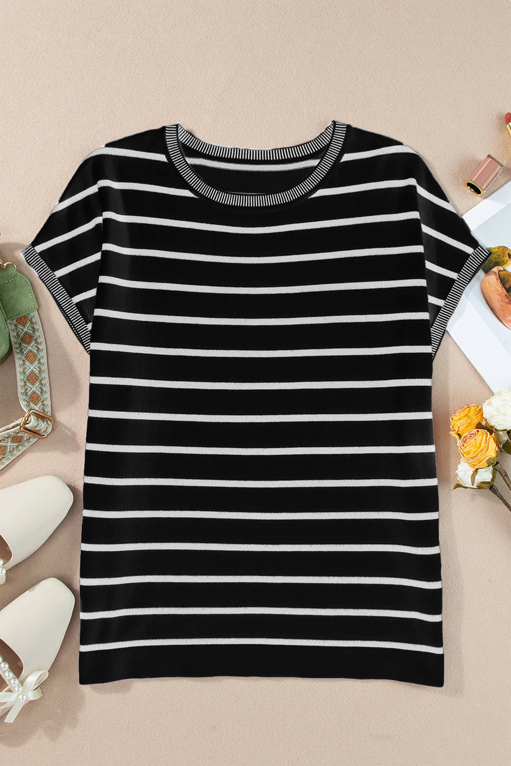 Jaclyn Striped Round Neck Cap Sleeve Knit Top