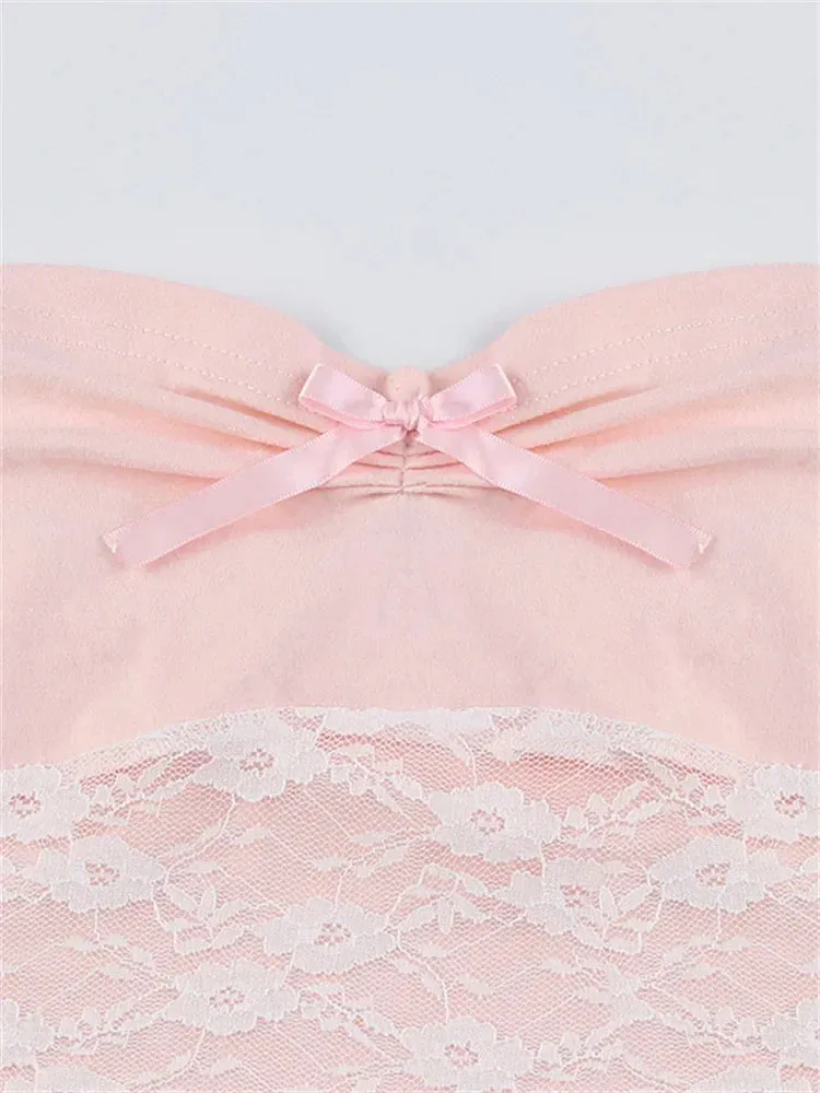 JazzHer 2024 Tube Summer Strapless Solid Bow Slim Fit Lace Patchwork Bustiers Corsets Off Shoulder Tank  New Crop Tops