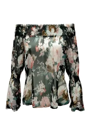 Kelsey off shoulder flute sleeve sheer mesh  floral Top