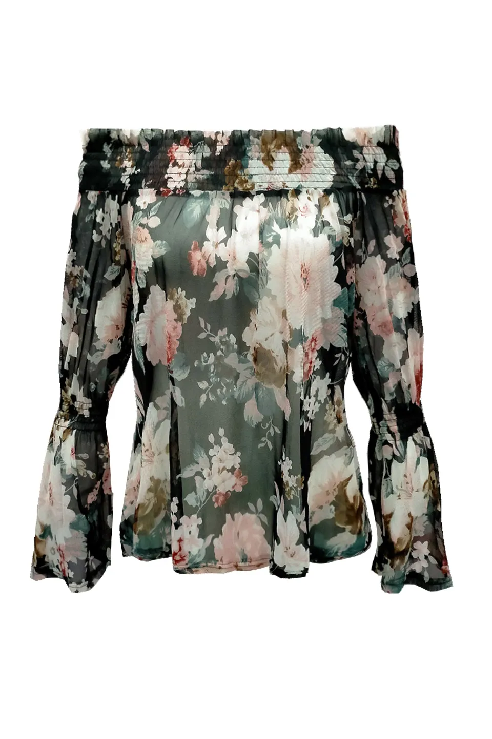 Kelsey off shoulder flute sleeve sheer mesh  floral Top