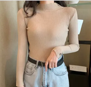 Khaki High Neck Full Sleeves Top