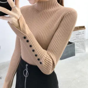 Khaki High Neck Top with Sleeve Buttons