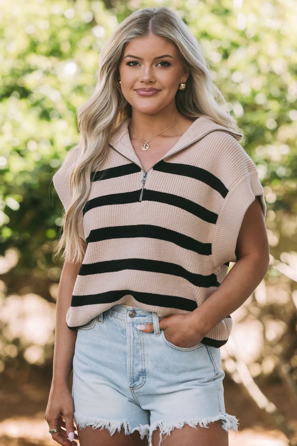 Khaki Stripe Zipped Collar Short Sleeve Sweater Top