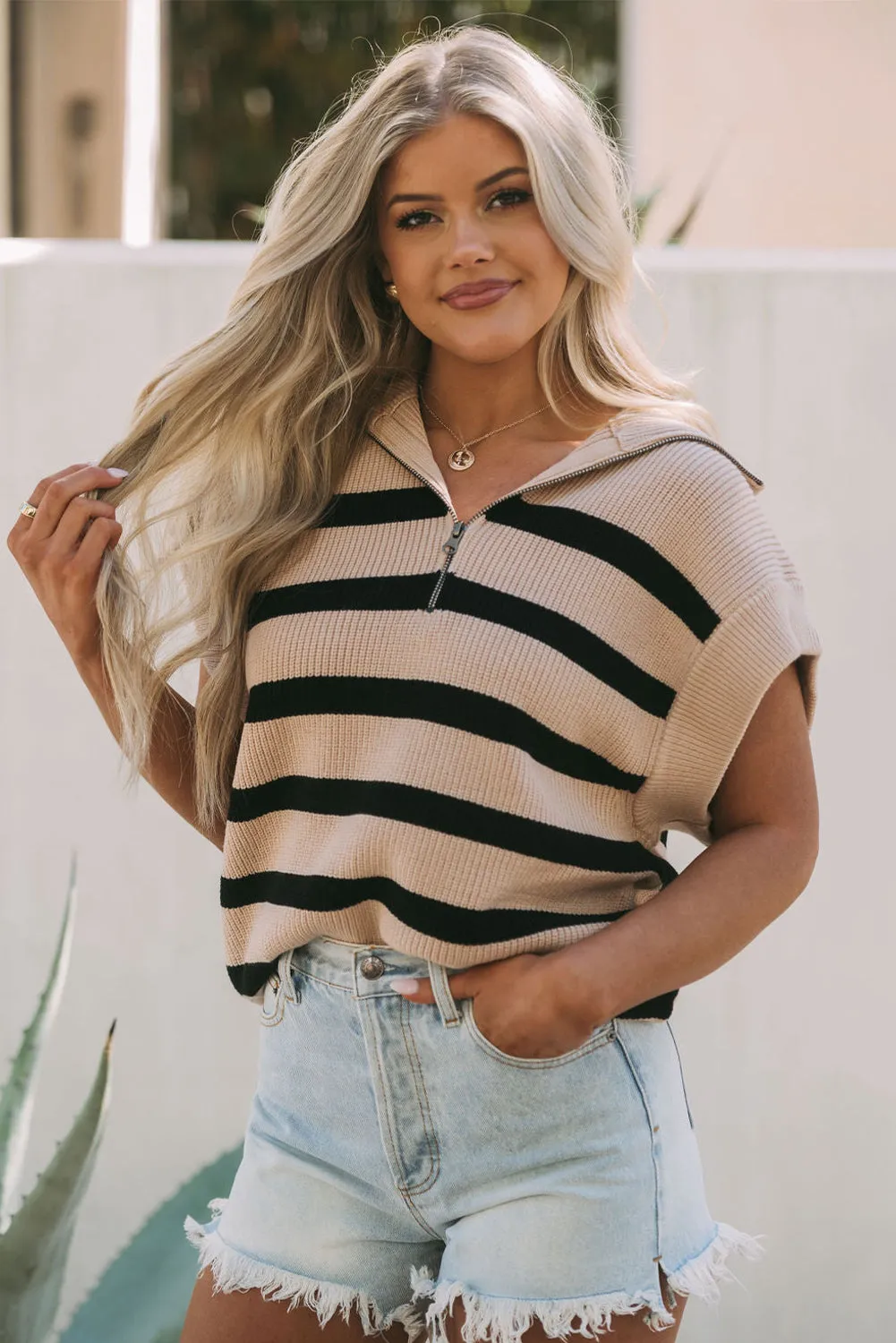 Khaki Stripe Zipped Collar Short Sleeve Sweater Top