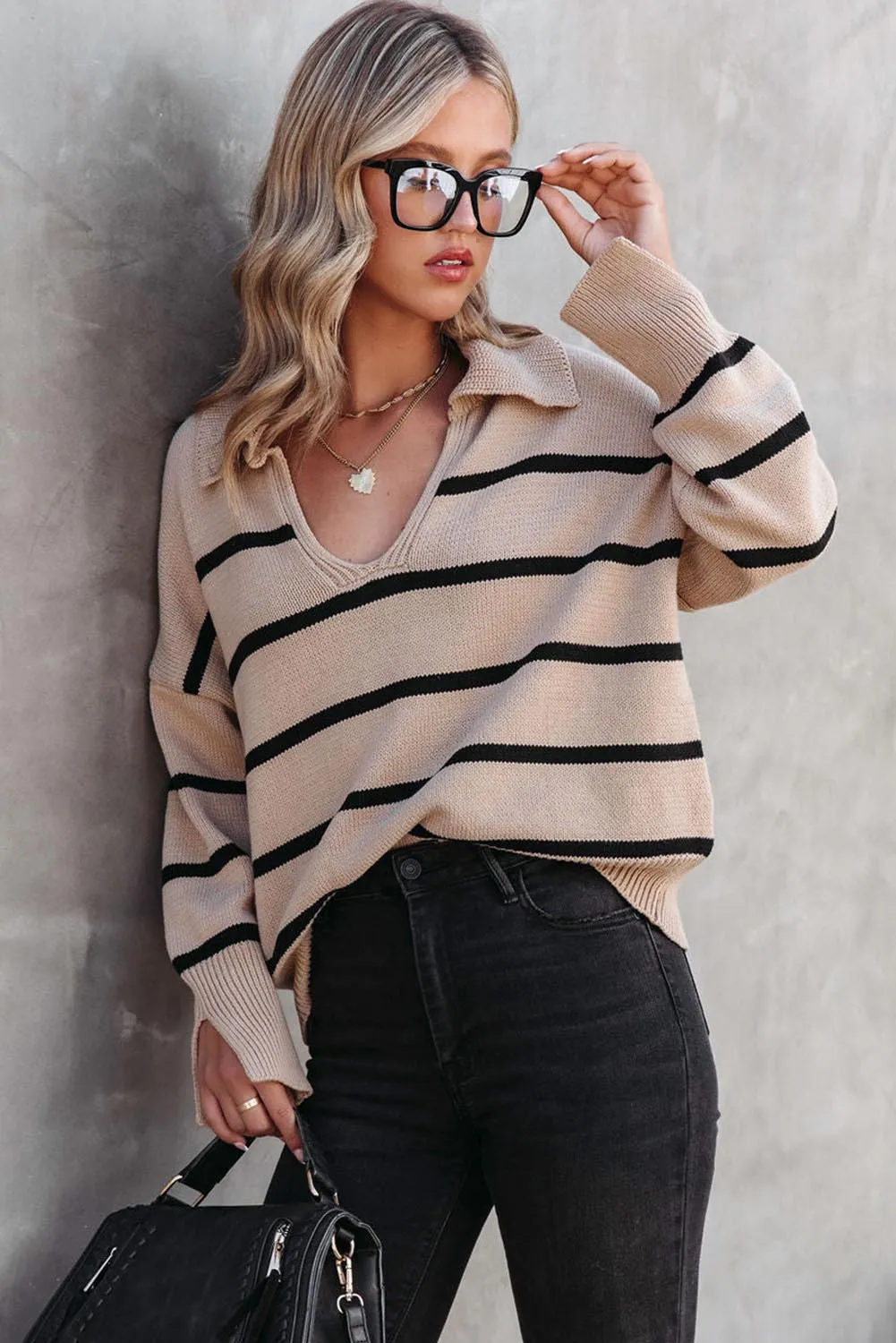 Khaki Striped Knit Collared Pullover Sweater