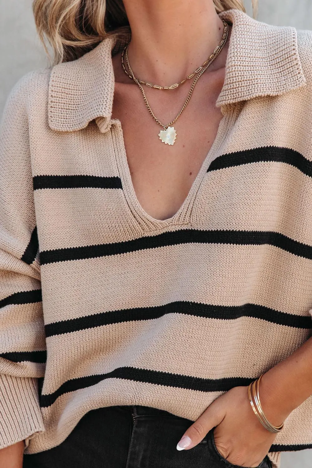 Khaki Striped Knit Collared Pullover Sweater