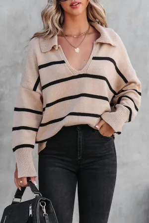 Khaki Striped Knit Collared Pullover Sweater