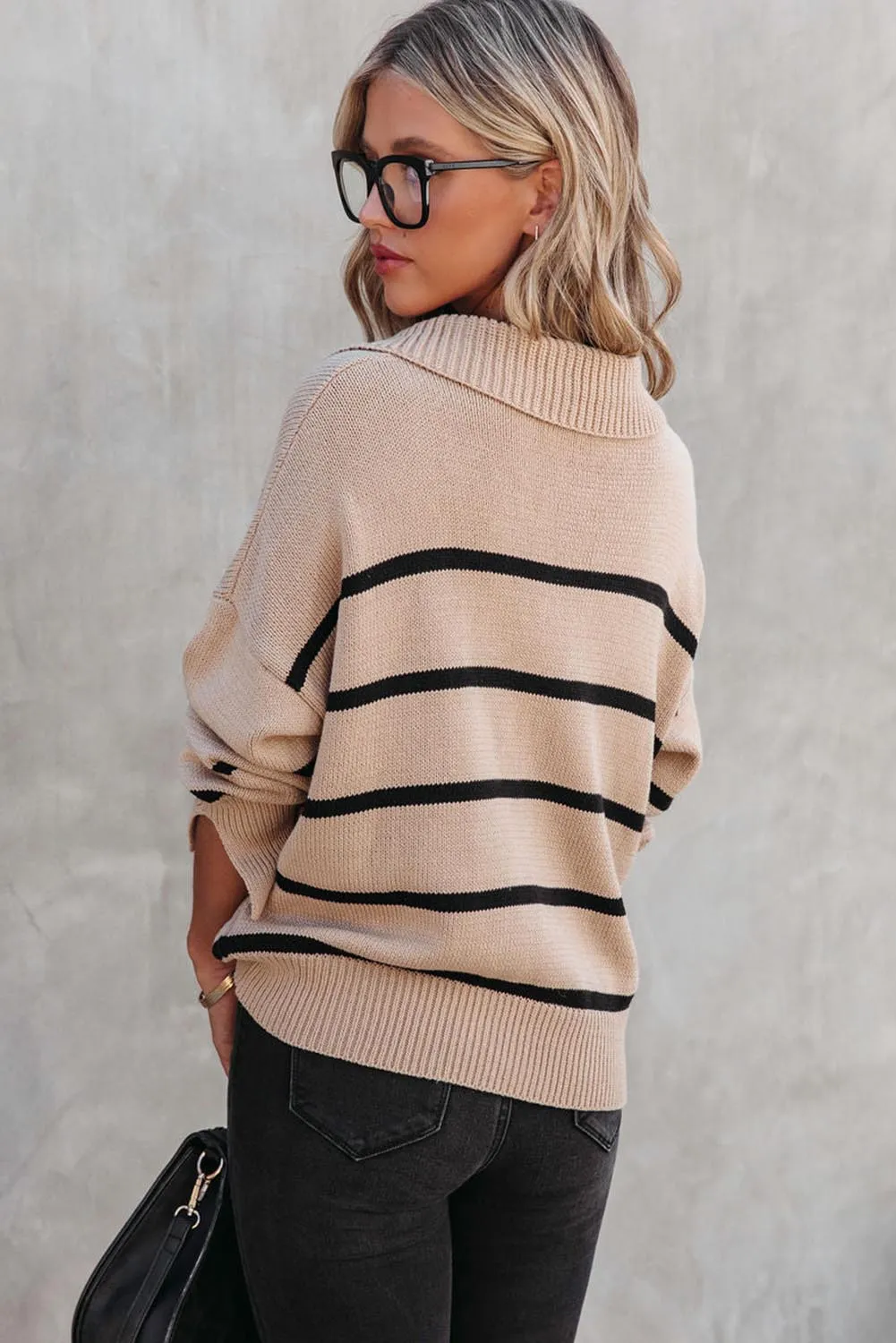 Khaki Striped Knit Collared Pullover Sweater