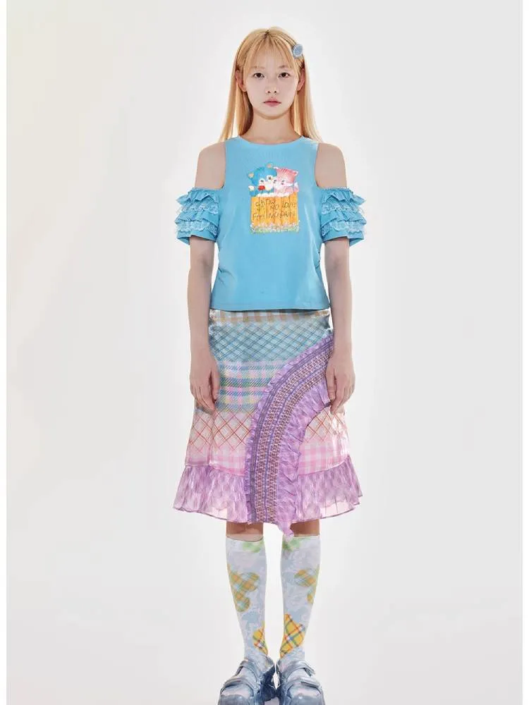 Kitten print off-shoulder tops and oversized loose T-shirt【s0000009524】
