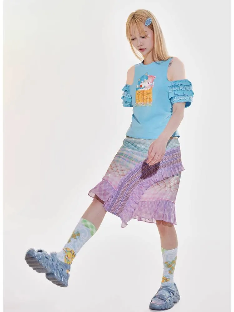 Kitten print off-shoulder tops and oversized loose T-shirt【s0000009524】