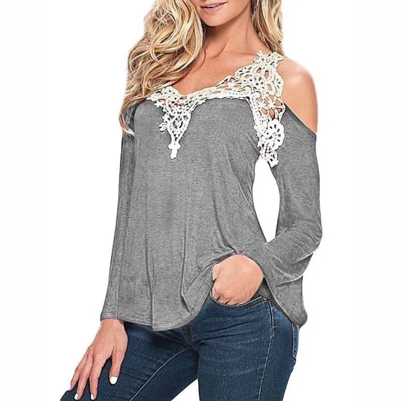 Lace Patchwork Women Blouse Off Shoulder V Neck Shirt Ladies Long Sleeve Plus Size Tee Tops