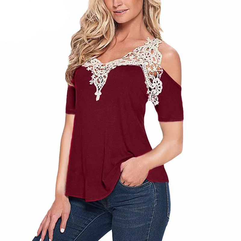 Lace Patchwork Women Blouse Off Shoulder V Neck Shirt Ladies Long Sleeve Plus Size Tee Tops