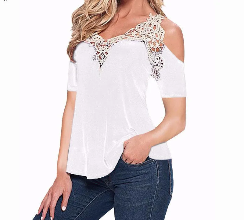 Lace Patchwork Women Blouse Off Shoulder V Neck Shirt Ladies Long Sleeve Plus Size Tee Tops