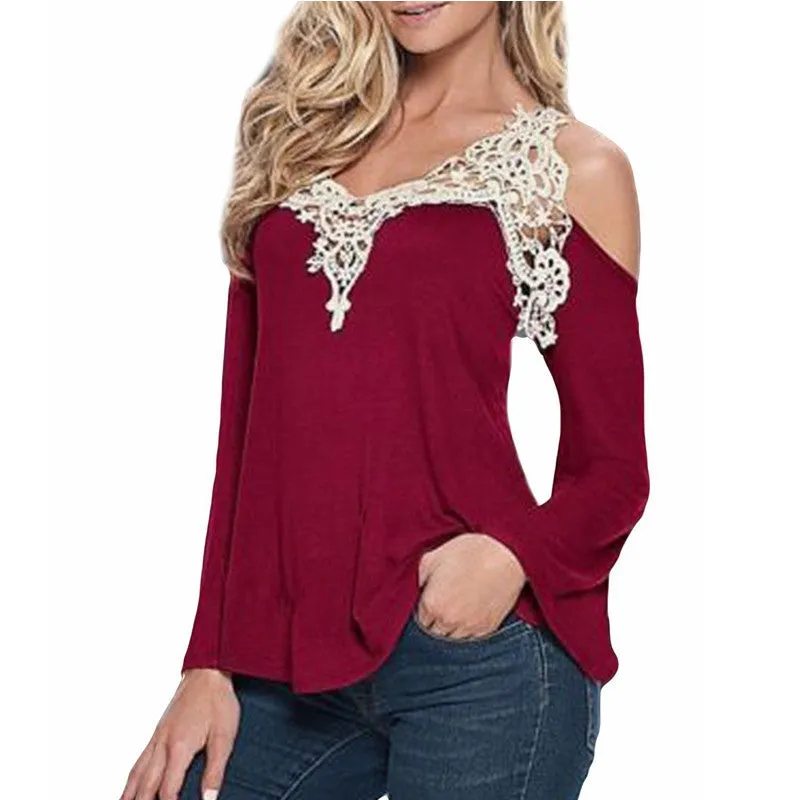 Lace Patchwork Women Blouse Off Shoulder V Neck Shirt Ladies Long Sleeve Plus Size Tee Tops