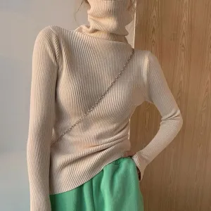 Light Beige High Neck Flat Knit Top