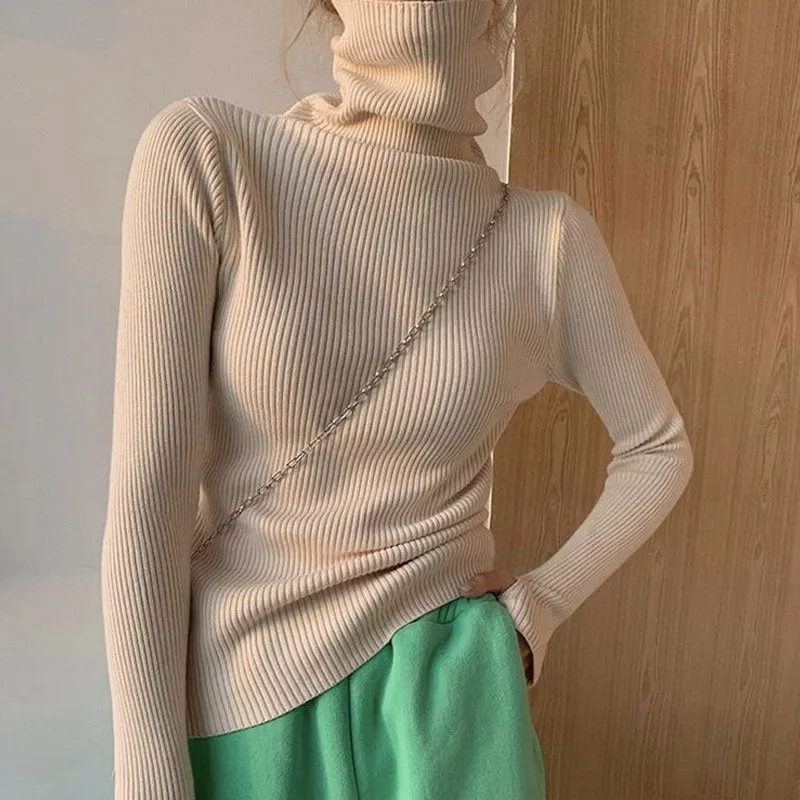 Light Beige High Neck Flat Knit Top