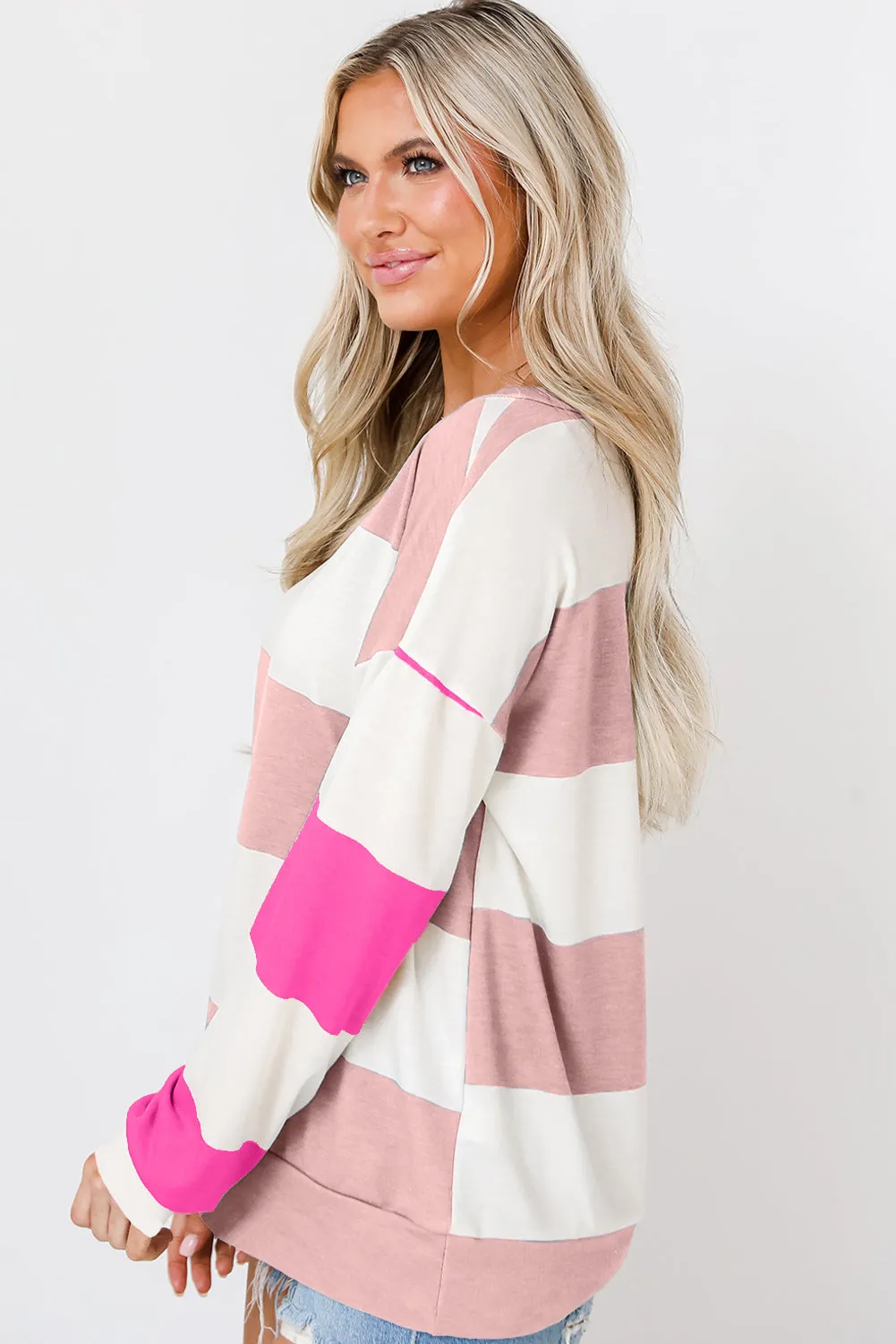 Light Pink Colorblock Striped Drop Shoulder Long Sleeve Top