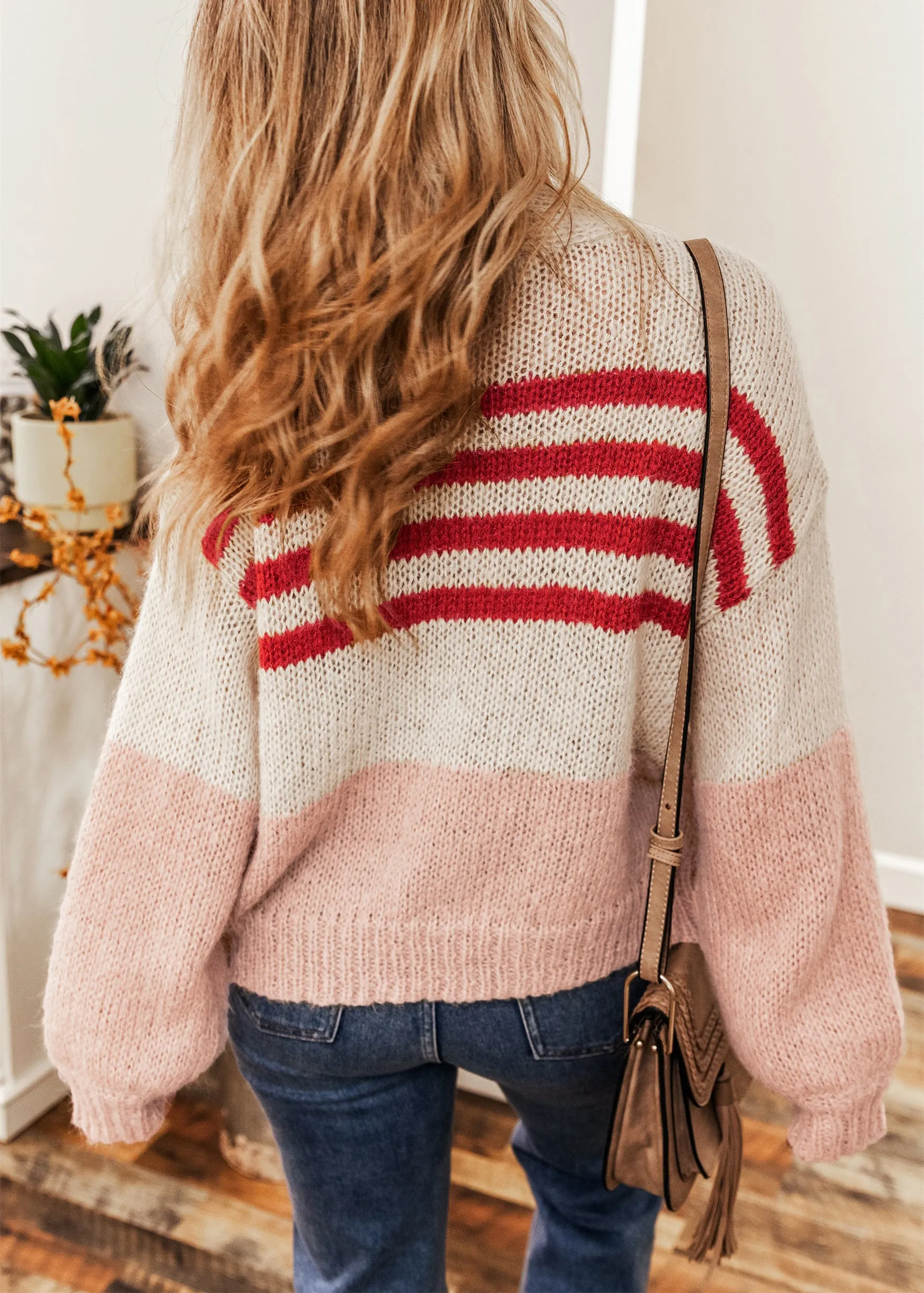 Light Pink Colorblock Striped Open Cardigan