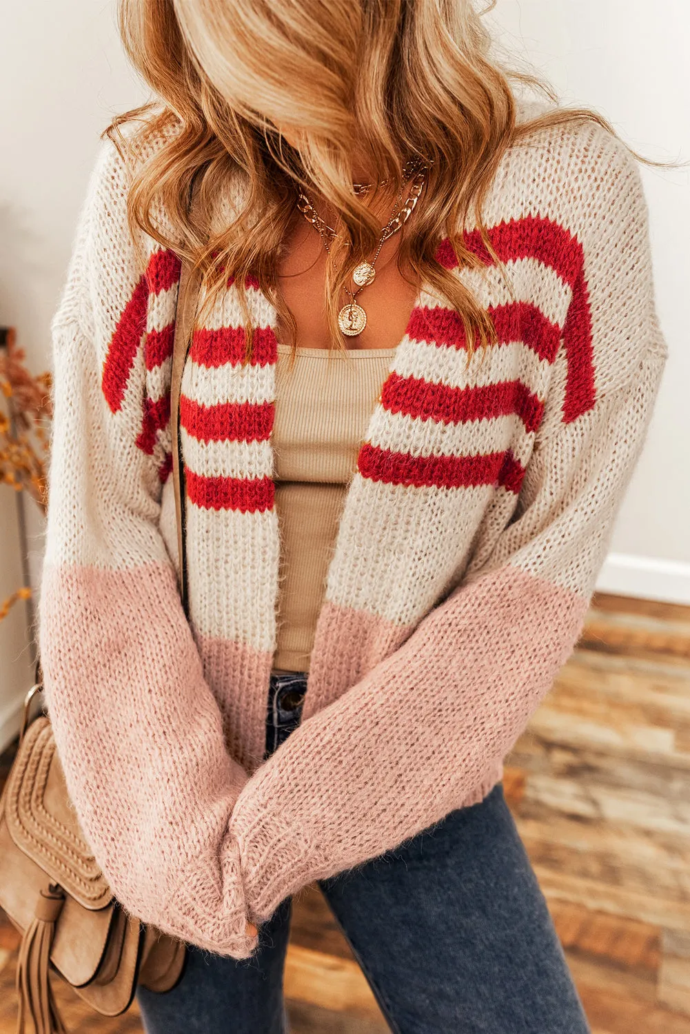 Light Pink Colorblock Striped Open Cardigan