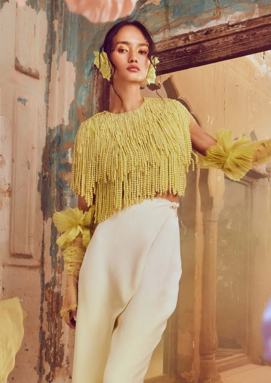 Lime green pearl fringe top