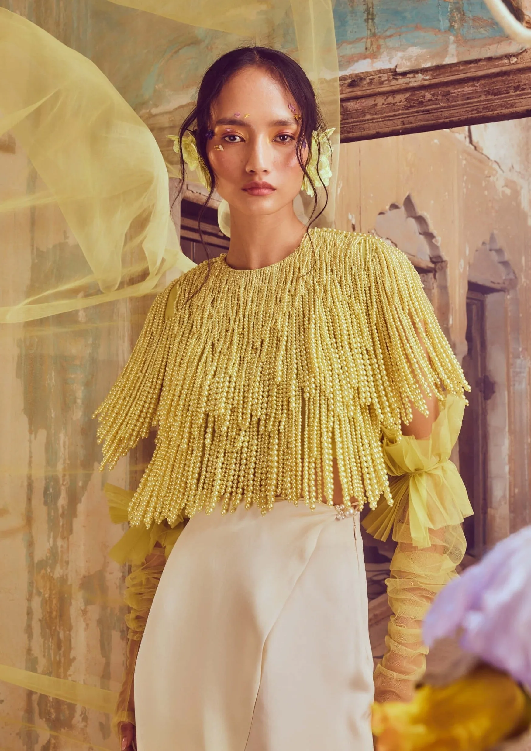 Lime green pearl fringe top