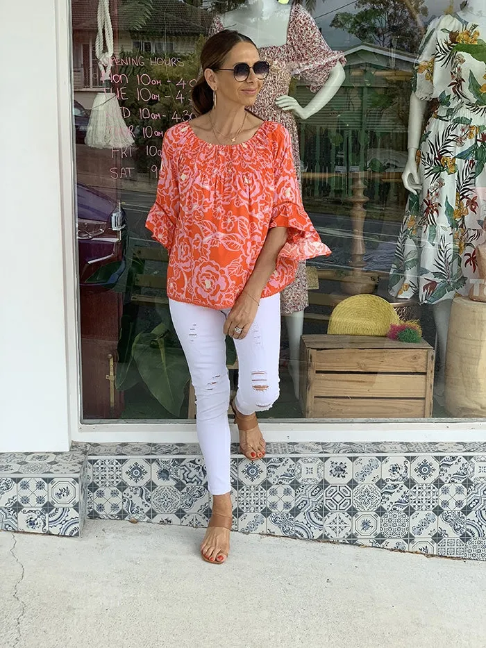 Lola Top - Orange and Pink Floral