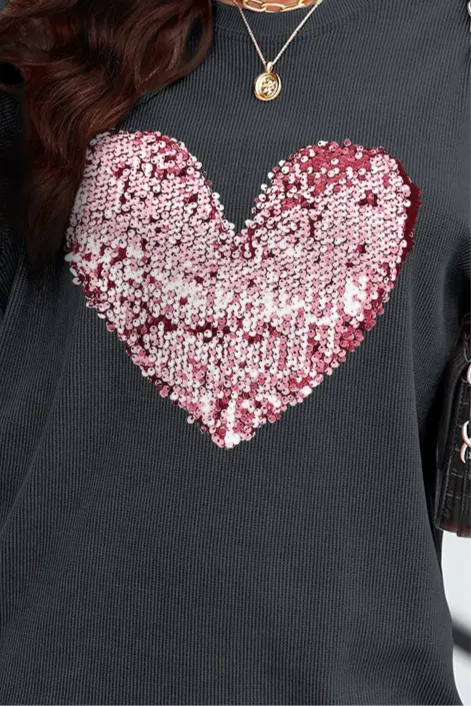 Love You Lots Heart Sequin Round Neck Pullover