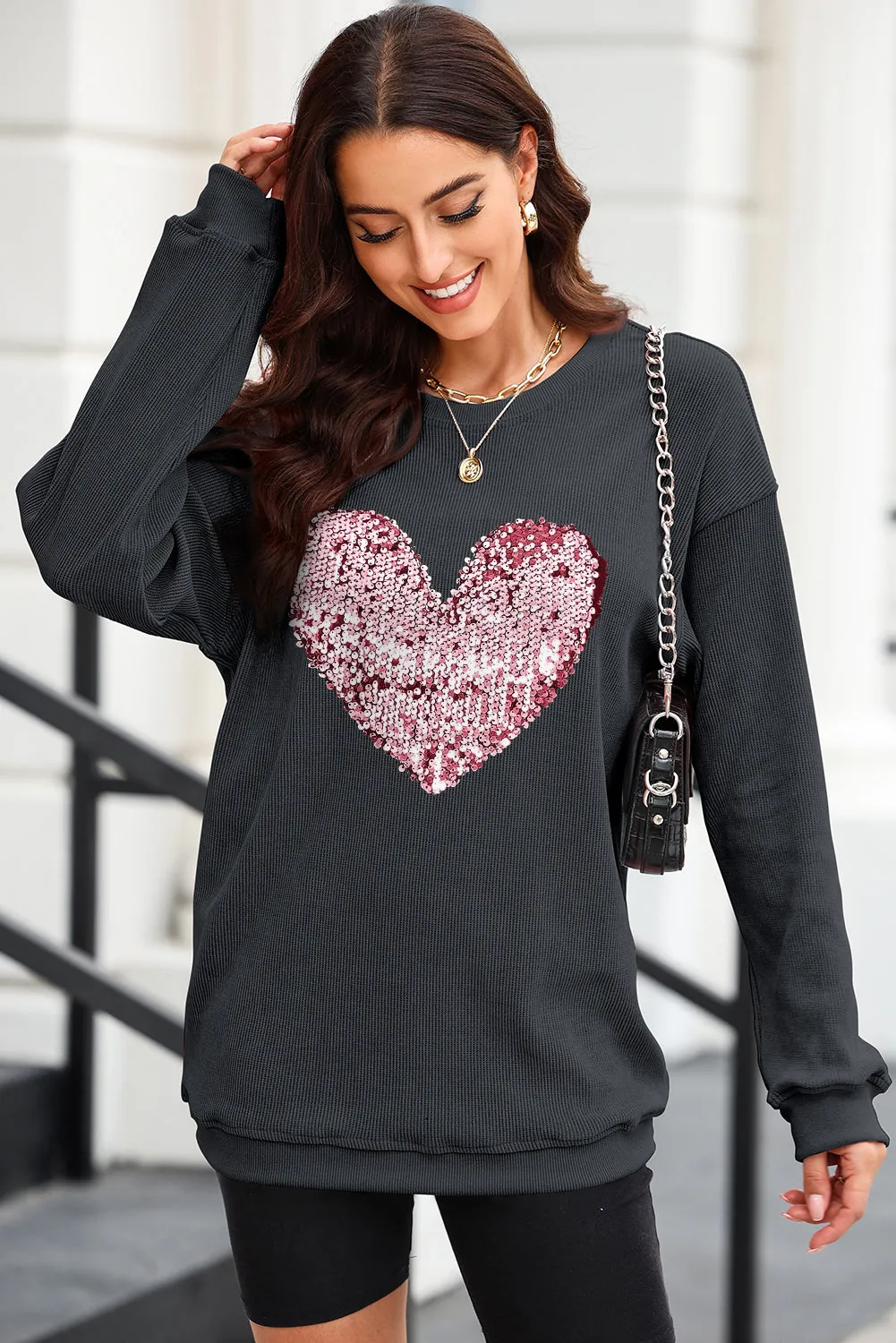 Love You Lots Heart Sequin Round Neck Pullover